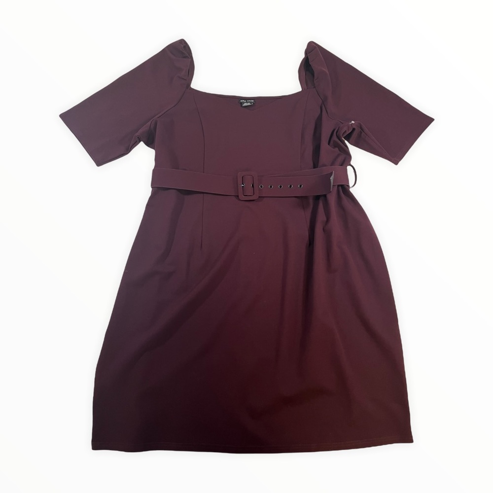 City Chic Maroon Square Neck Dress with Belt Size XXL